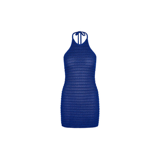 Metallic Knit Halter Mini Dress - Blue Lagoon
